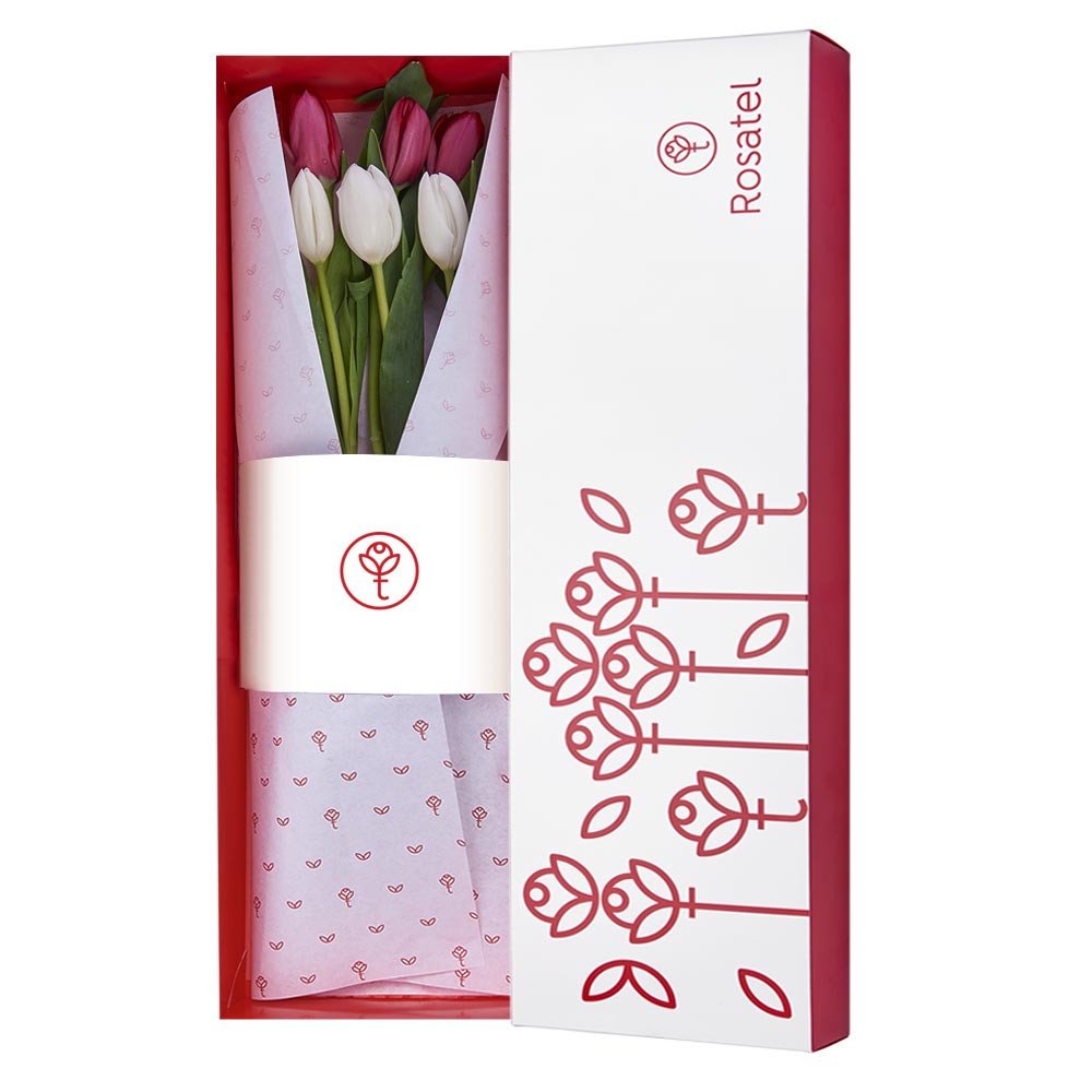 Caja Blanca con 6 Tulipanes Bicolor Rosatel