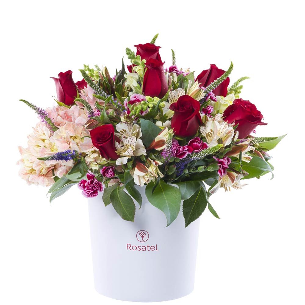 Sombrerera Blanca Grande con 10 Rosas y Flores Rosatel
