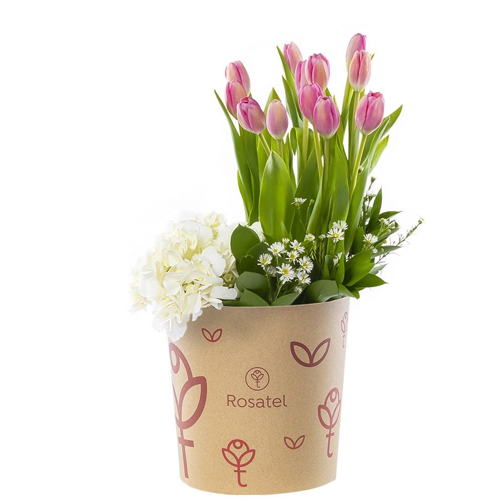 Sombrerera 3R Natural Grande con 12 Tulipanes Hortensia y Flores Rosatel