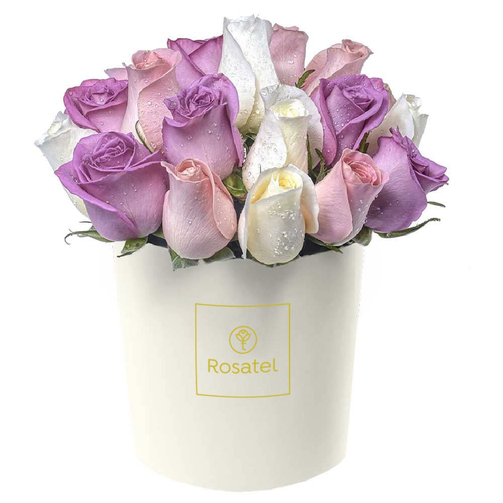 Sombrerera Crema Mediana con 21 Rosas Rosadas, Cremas y Lilas Rosatel