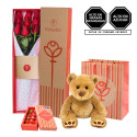Caja natural Rosatel con 9 rosas rojas, peluche Hugo y chocolates Sorini