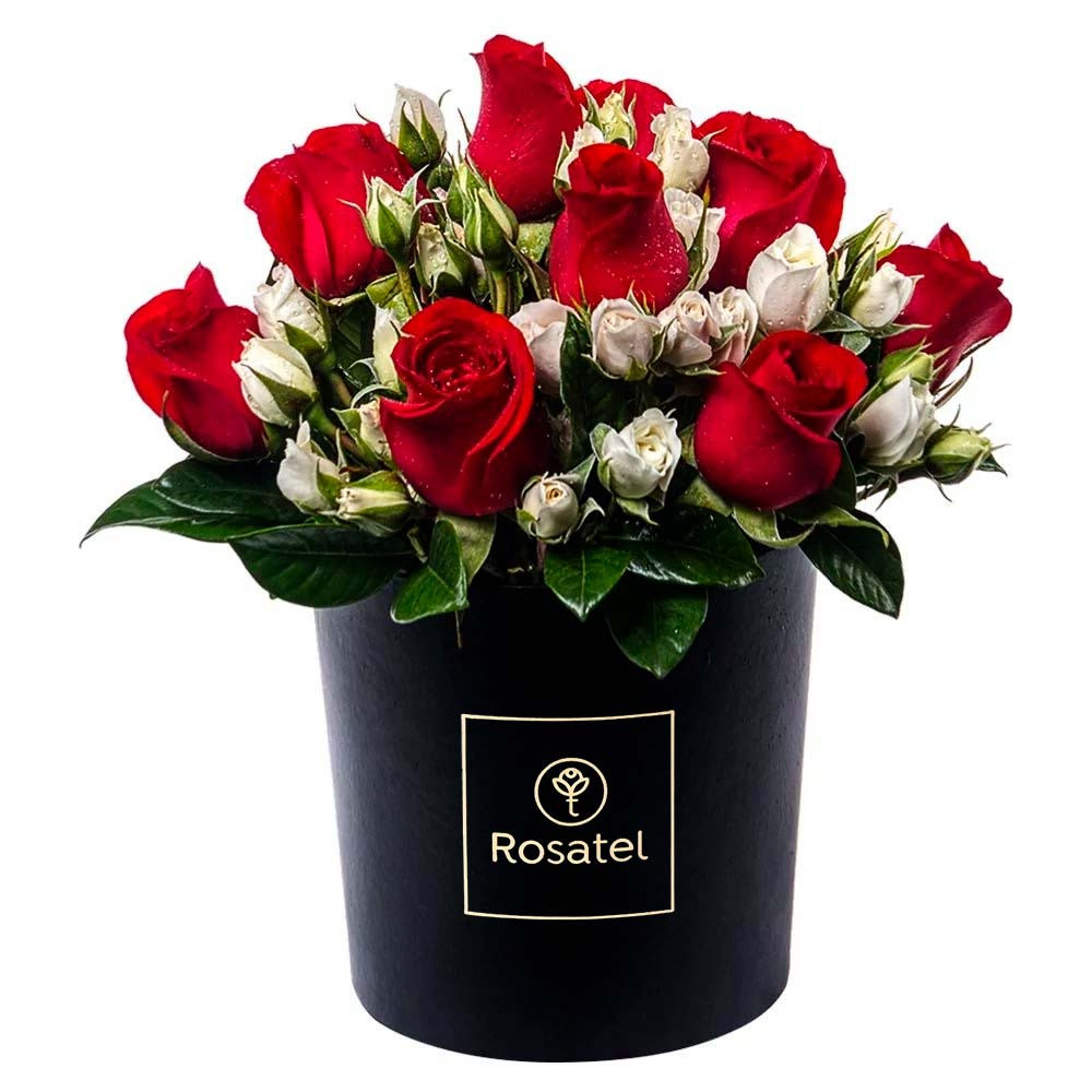 Sombrerera Negra Mediana con 10 Rosas y Mini Rosas Rosatel