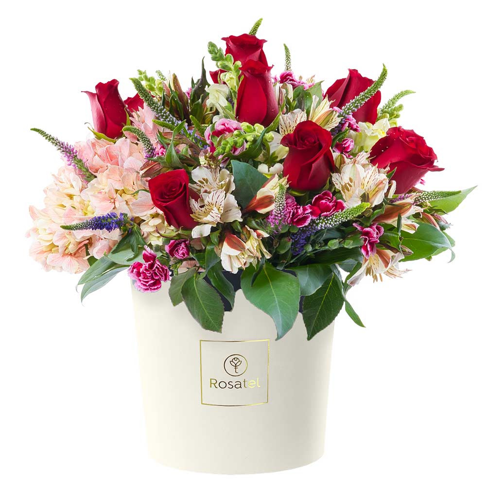 Sombrerera Crema Grande con 10 Rosas y Flores Rosatel
