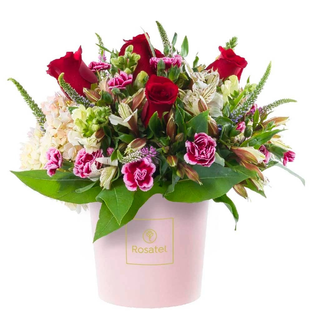 Sombrerera Rosada Mediana con 5 Rosas y Flores Rosatel