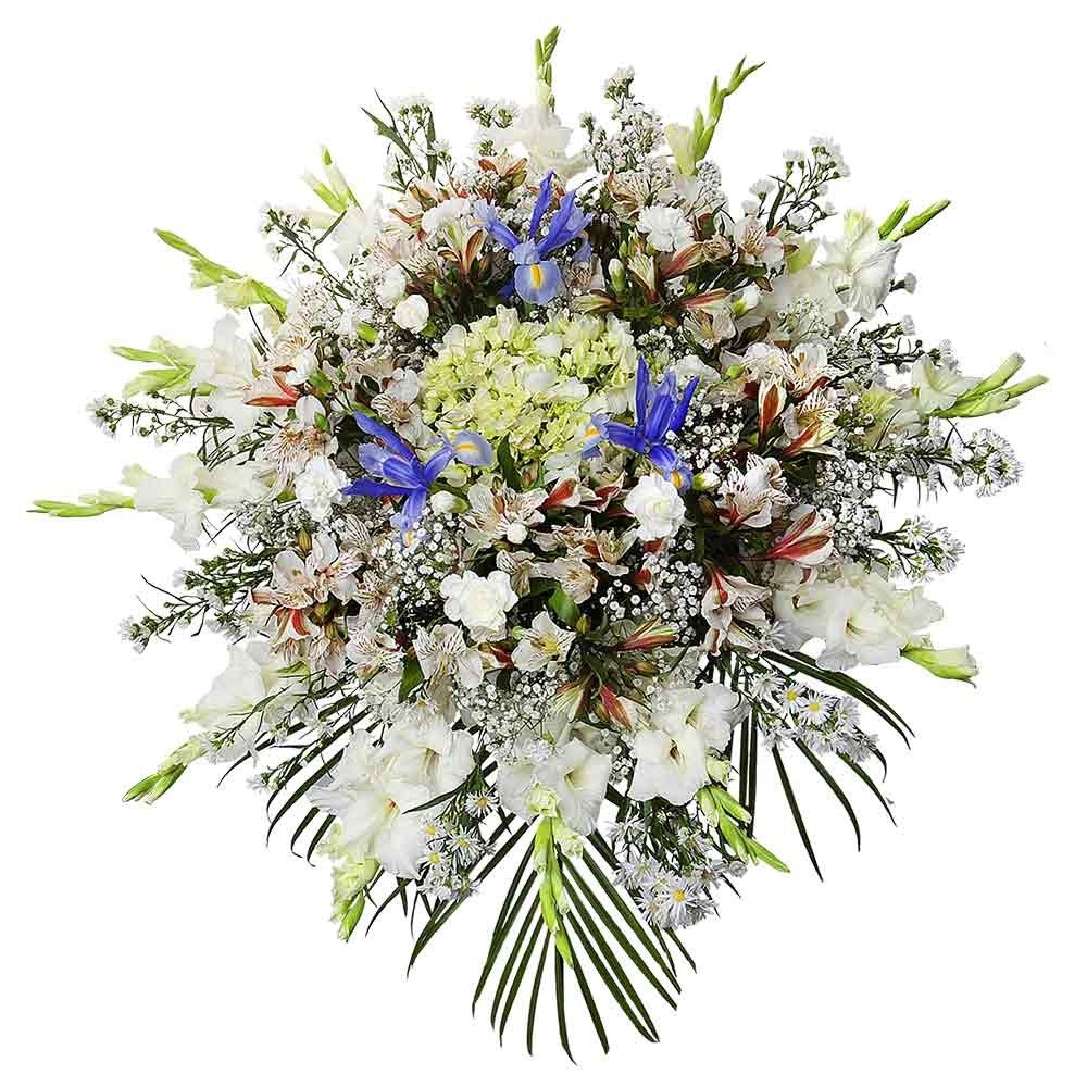 Lágrima s/trípode con gladiolo, hortensia, iris azul y flores varias Rosatel