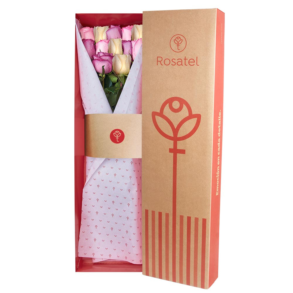 Caja Natural con 12 Rosas Colores Pasteles Rosatel