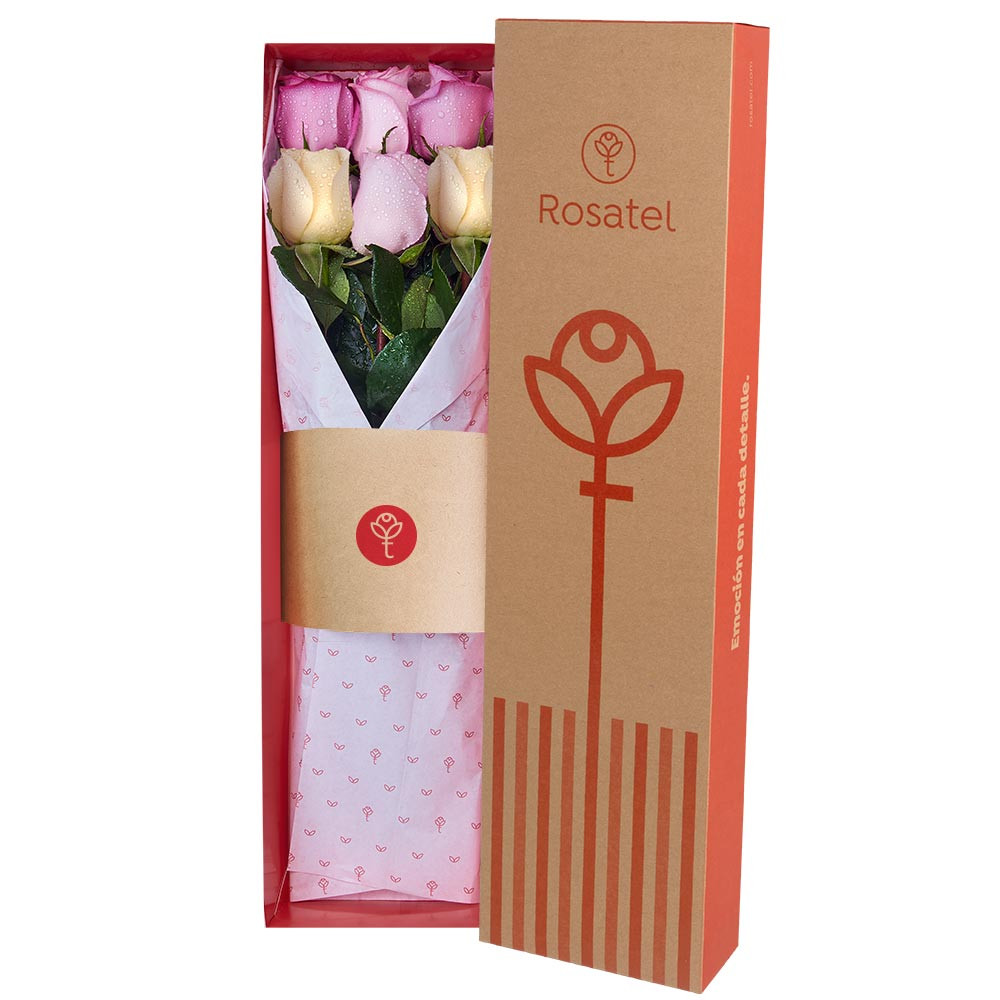 Caja Natural con 6 Rosas Colores Pasteles Rosatel
