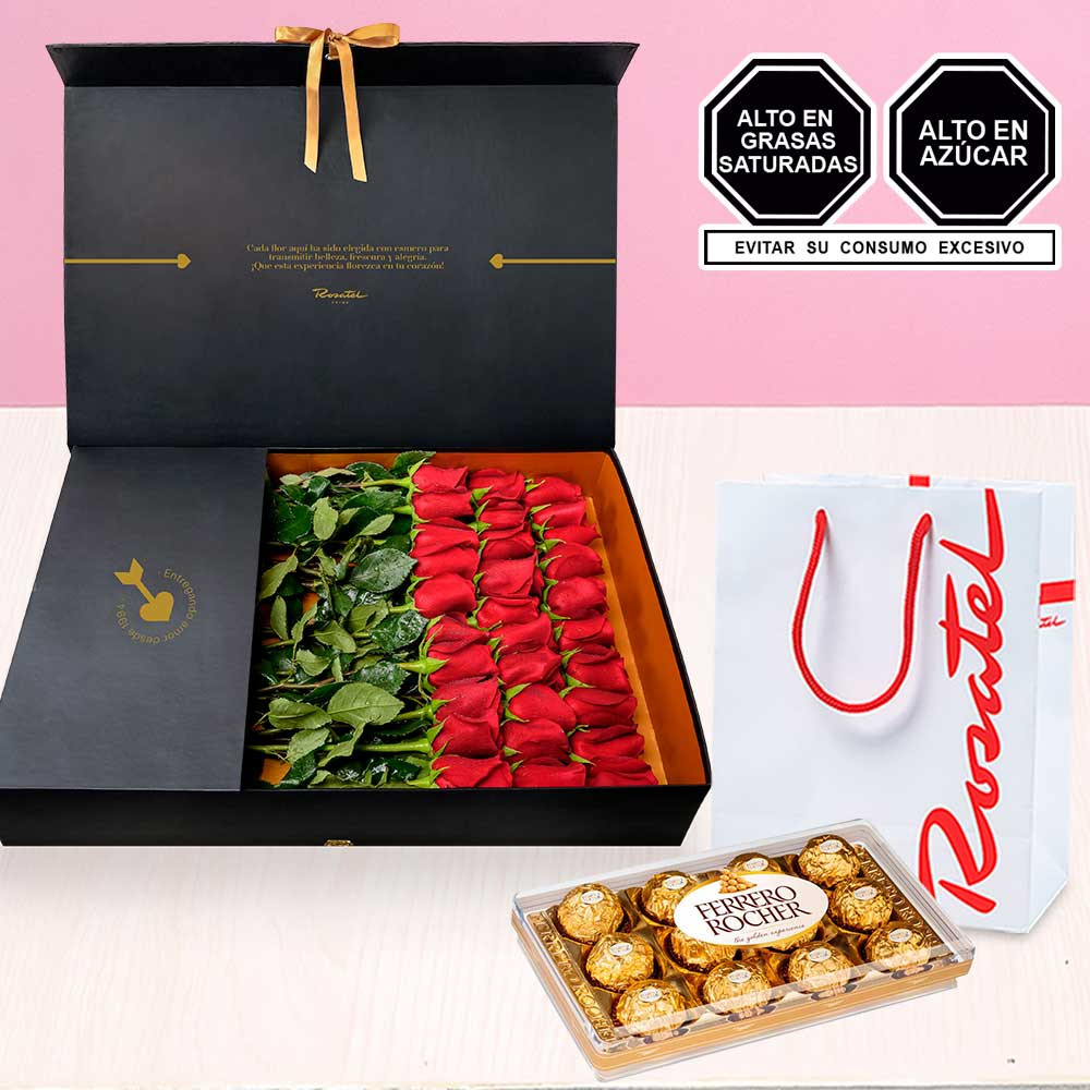 Compra online caja prime Rosatel 30 rosas y chocolates Ferrero Rosatel
