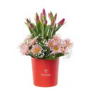 Sombrerera Roja Mediana con 10 Tulipanes y Flores Rosatel