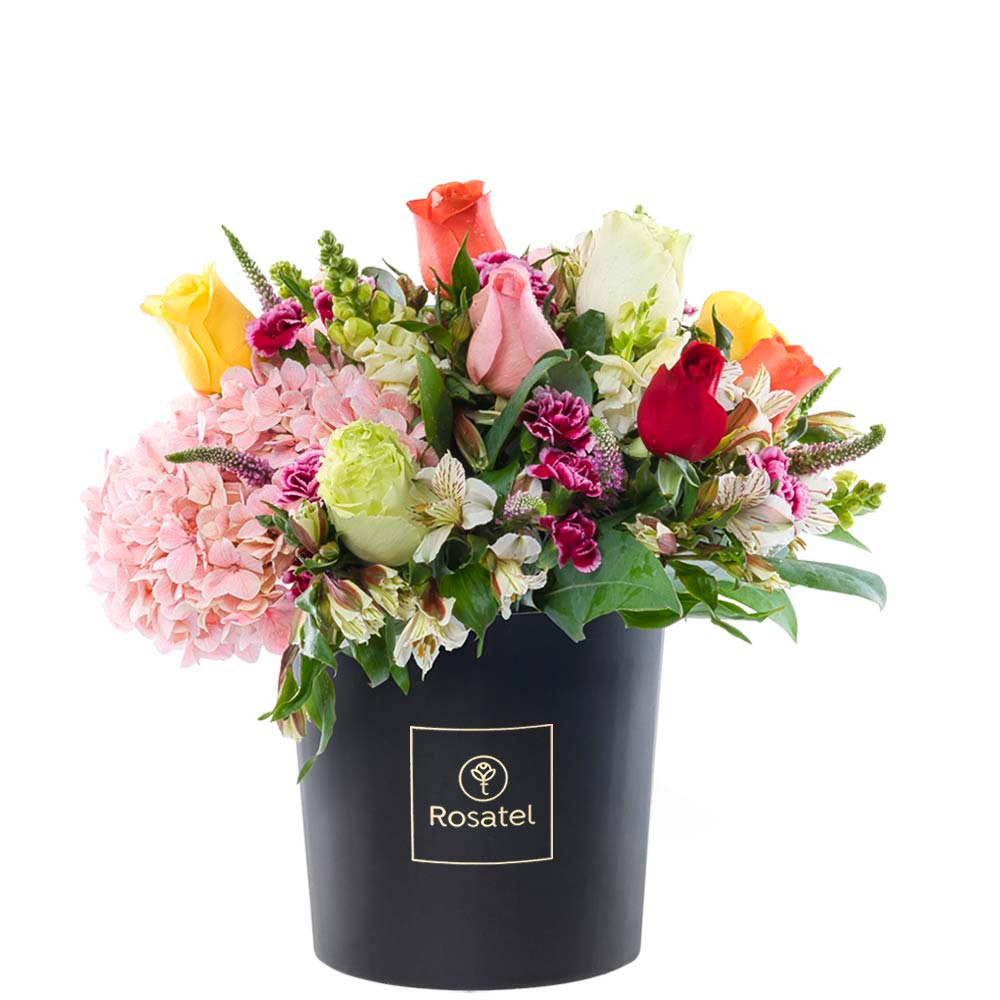 Sombrerera Grande con 10 Rosas Variadas y Flores Rosatel