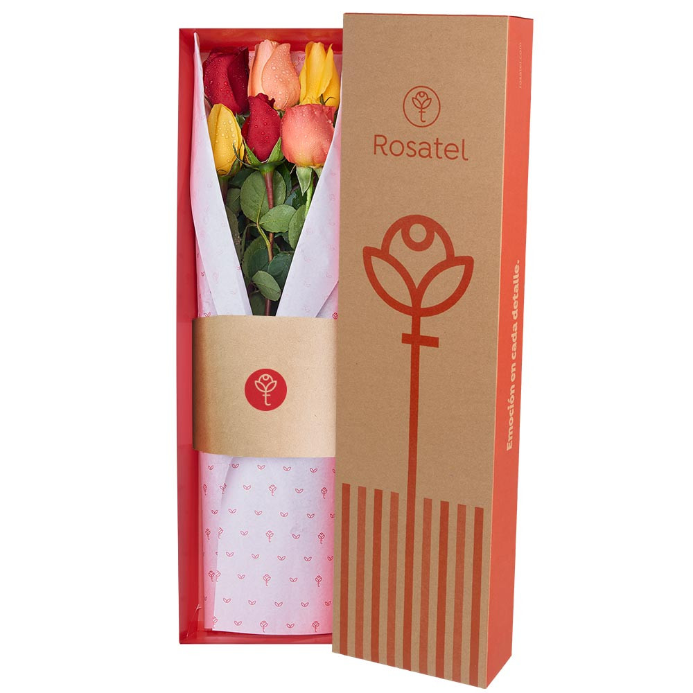 Caja Natural con 6 Rosas de Colores Rosatel