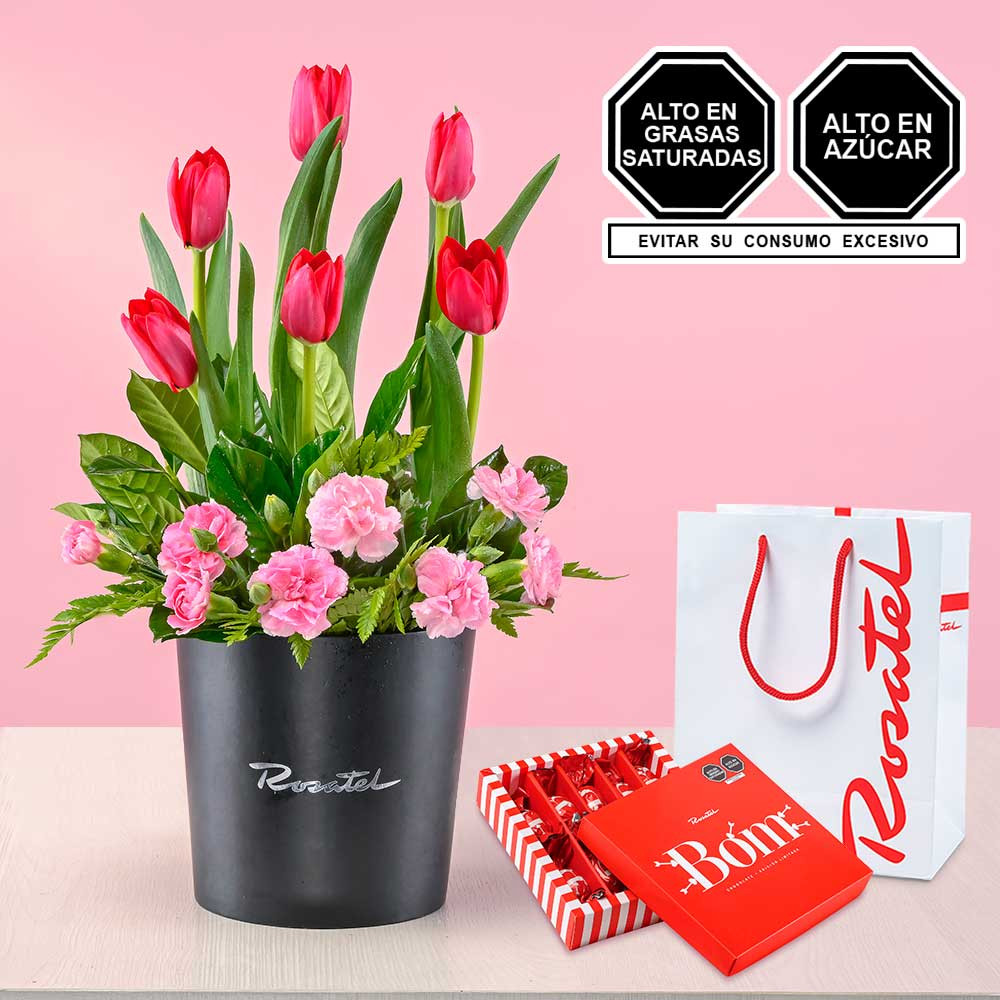 Arreglo con tulipanes y chocolates para regalar Cacaosuyo Rosatel
