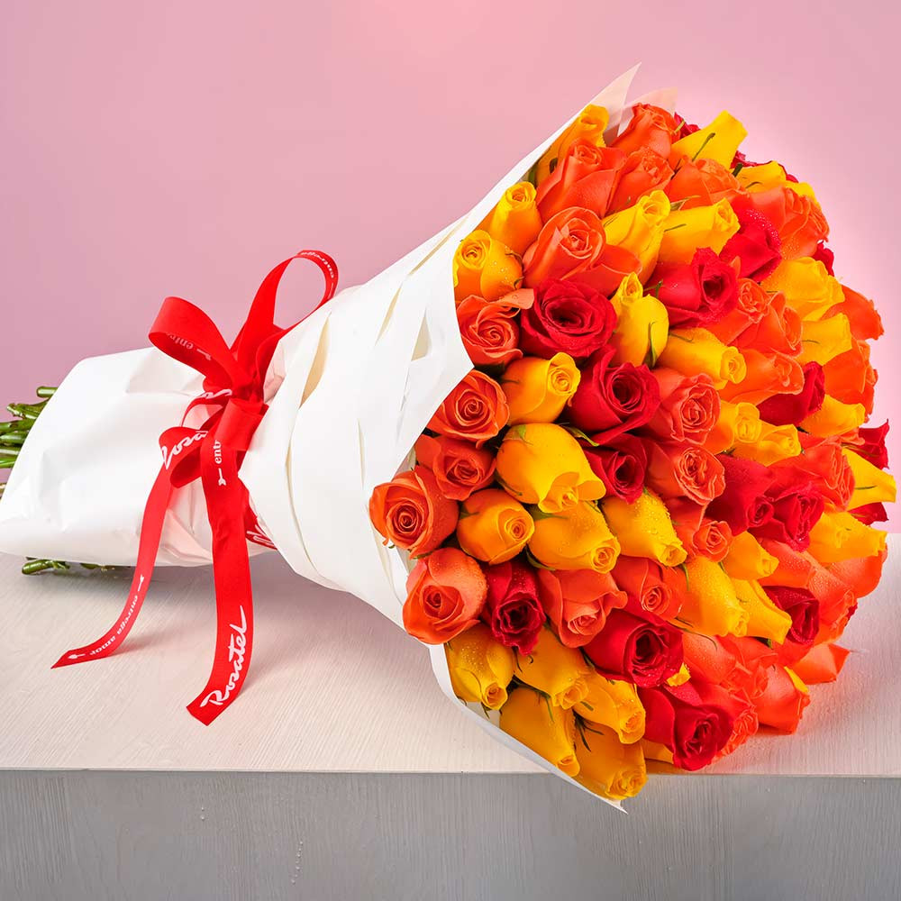 Ramo energía y pasión con 100 rosas de colores vibrantes Rosatel