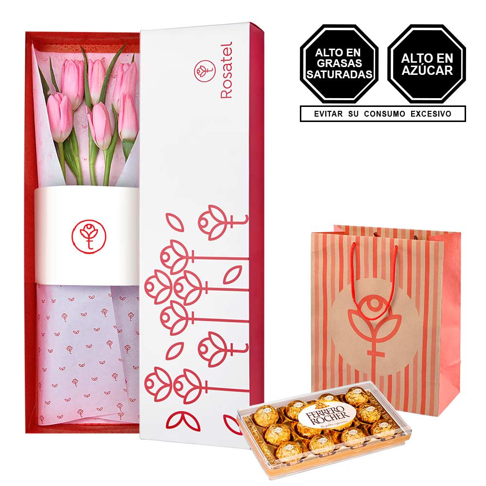Caja con Tulipanes y Ferrero Rocher Rosatel