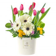 Sombrerera Crema con Tulipanes Rojos y Gerberas