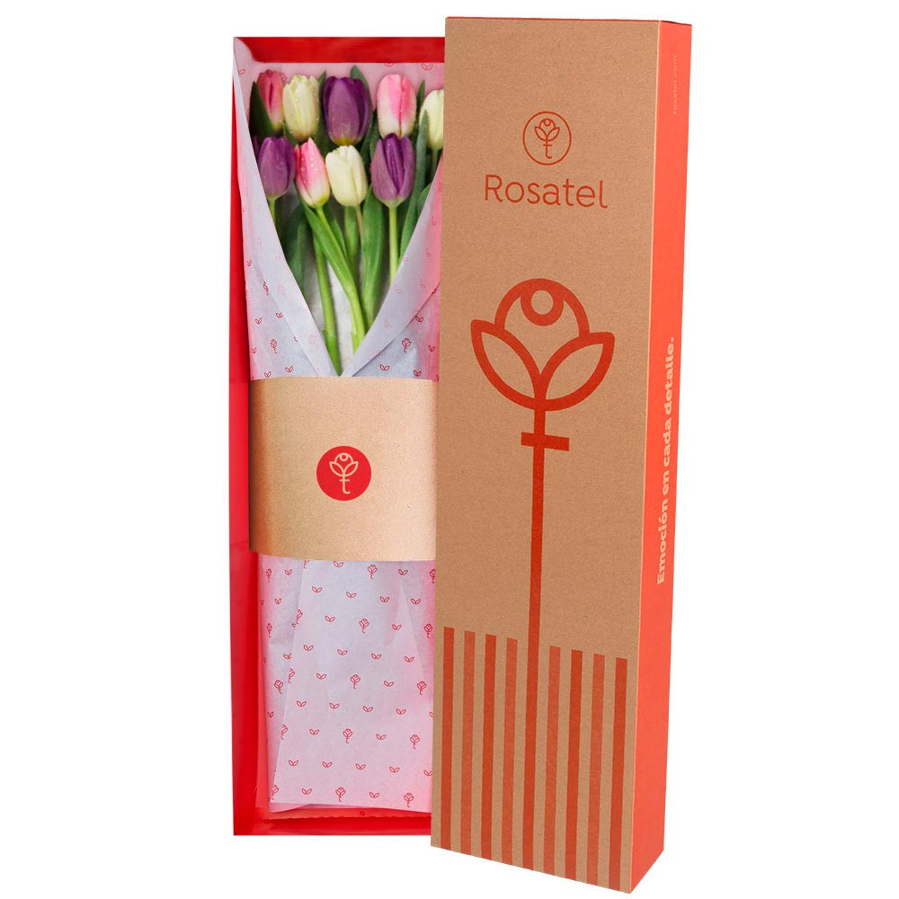 Caja Natural 9 Tulipanes Colores Pasteles Rosatel