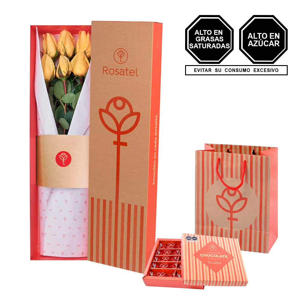 Caja natural con 6 rosas amarillas y chocolates Cacaosuyo 10 unids. Rosatel