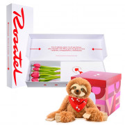 Caja con Tulipanes y Bowie Flechas de Amor