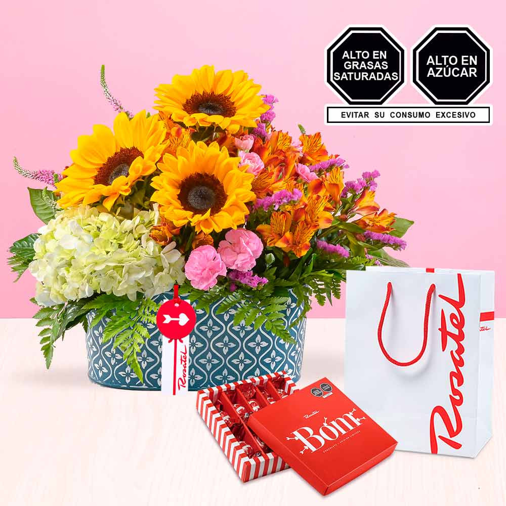 Arreglo floral vintage y chocolates bom Rosatel