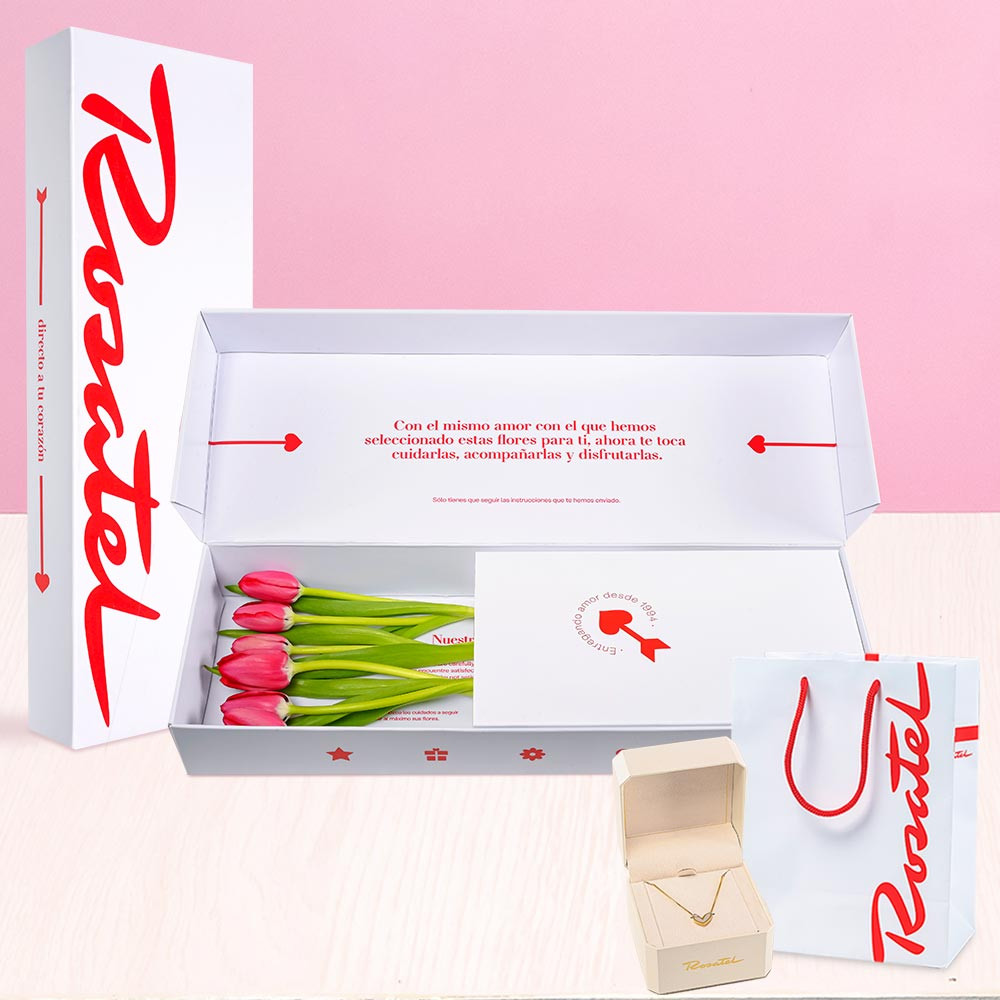 Sorpresas para mi novia caja 6 tulipanes y collar corazón Rosatel