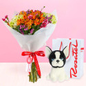Ramo de flores y peluche perrito Rosatel