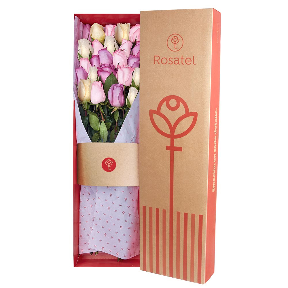Caja Natural con 24 Rosas Colores Pasteles Rosatel