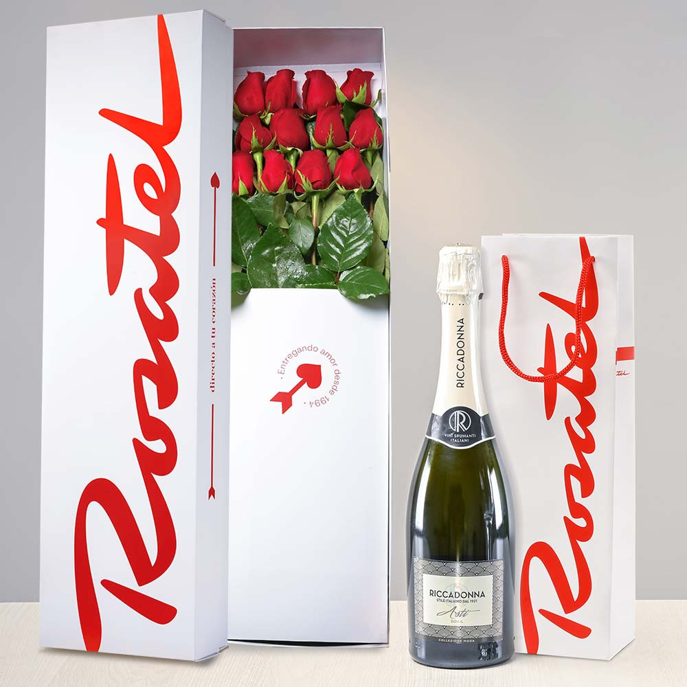 Caja con 12 Rosas y Asti Riccadonna Rosatel