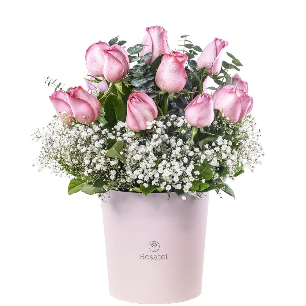 Sombrerera Rosada Grande con 15 Rosas y Flores Rosatel