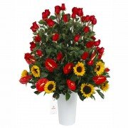 Arreglo Floral con Rosas Rojas Girasoles y Anturios