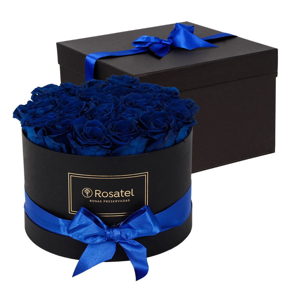 Sombrerera Negra con 23 Rosas Preservadas Azul Noche Rosatel
