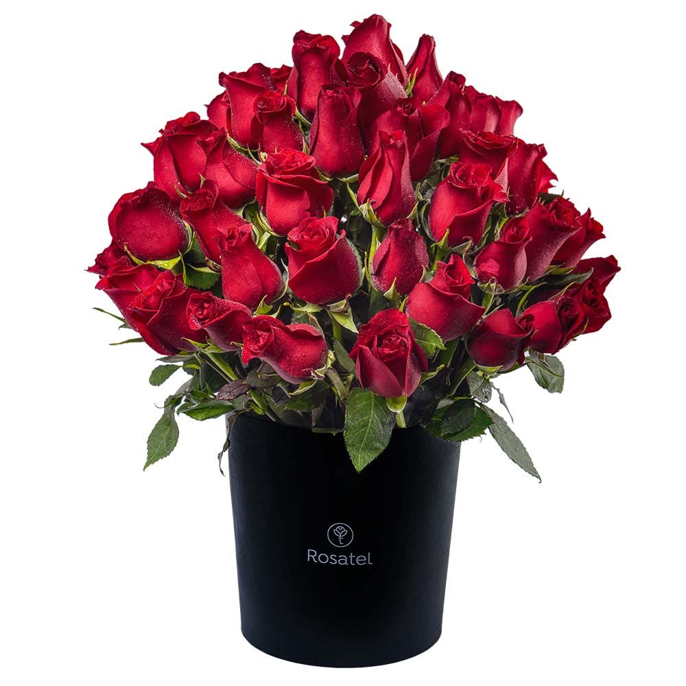 Sombrerera Negra Grande con 60 Rosas Hermosas Rosatel Lima