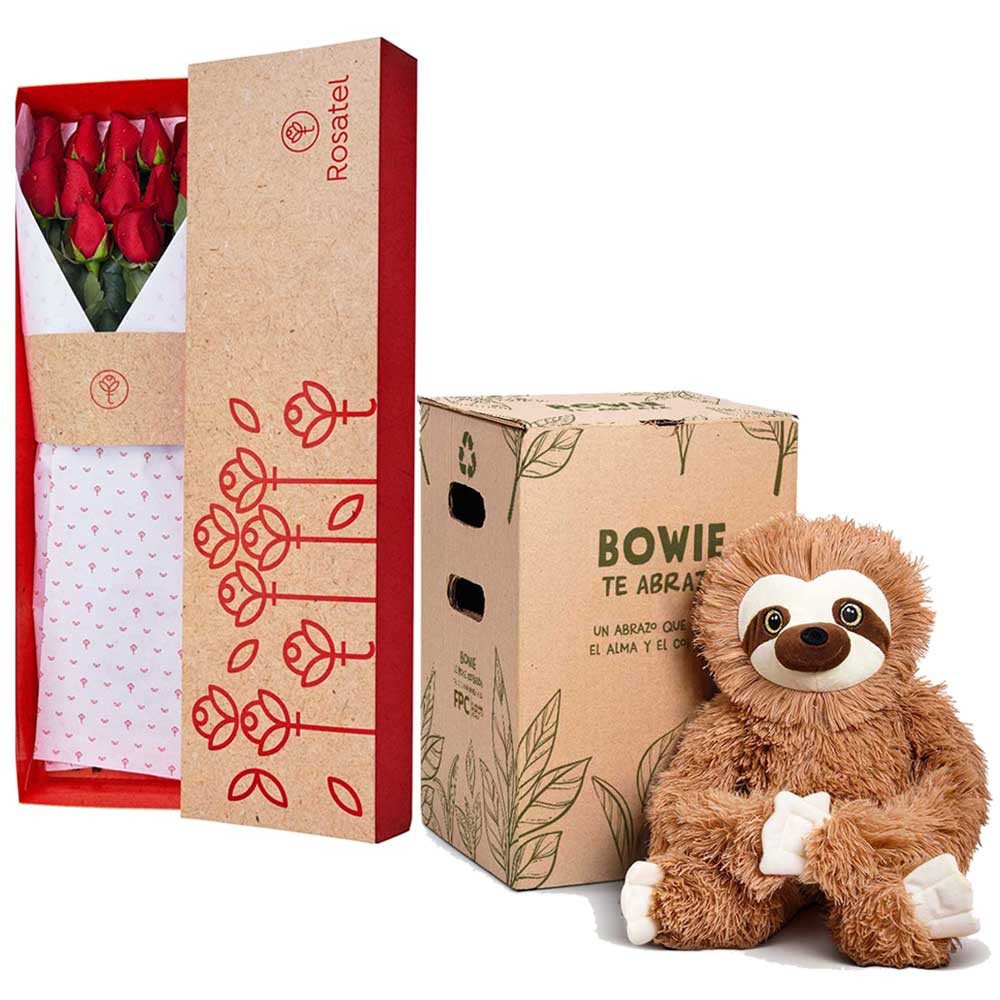 Caja 3R Natural con 12 Rosas Rojas y Bowie Perezoso Rosatel