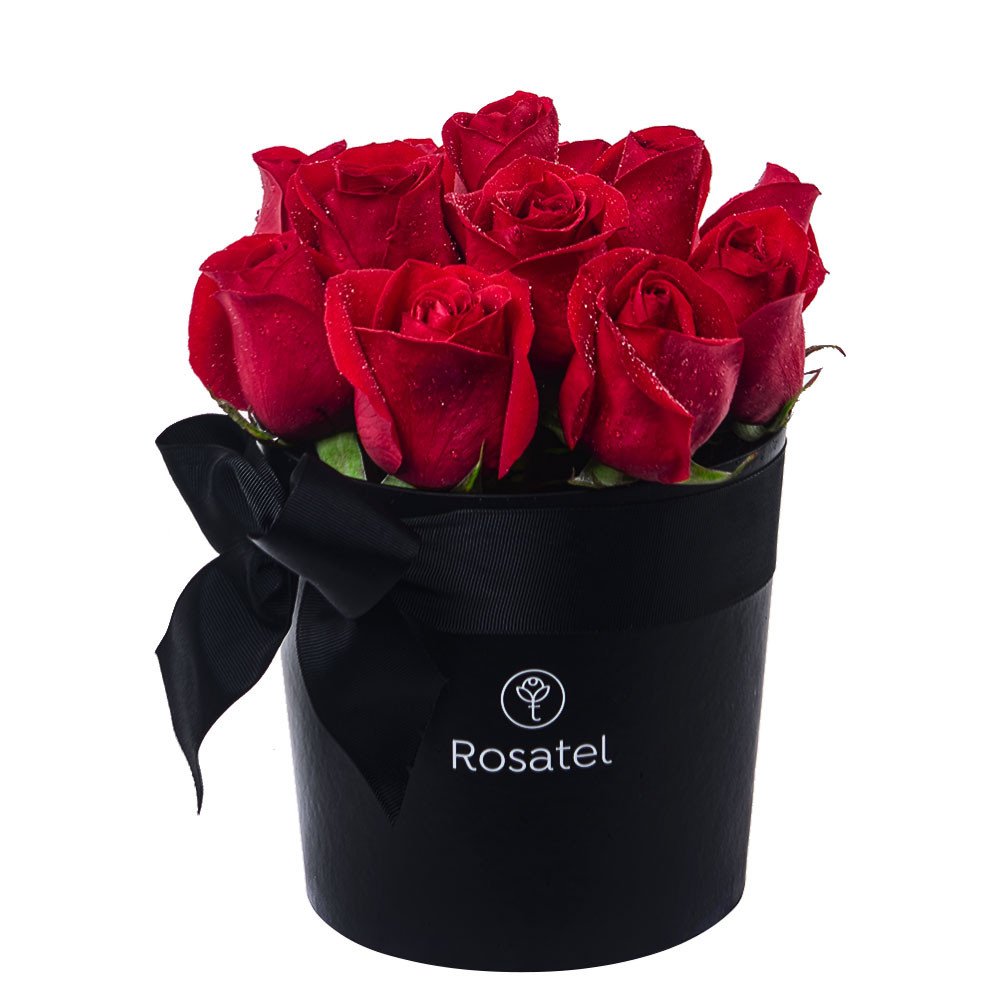 Sombrerera Negra Mediana con 12 Rosas Rojas Rosatel