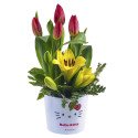 Sombrerera línea lazos de Hello Kitty con 4 tulipanes rojos y flores Rosatel