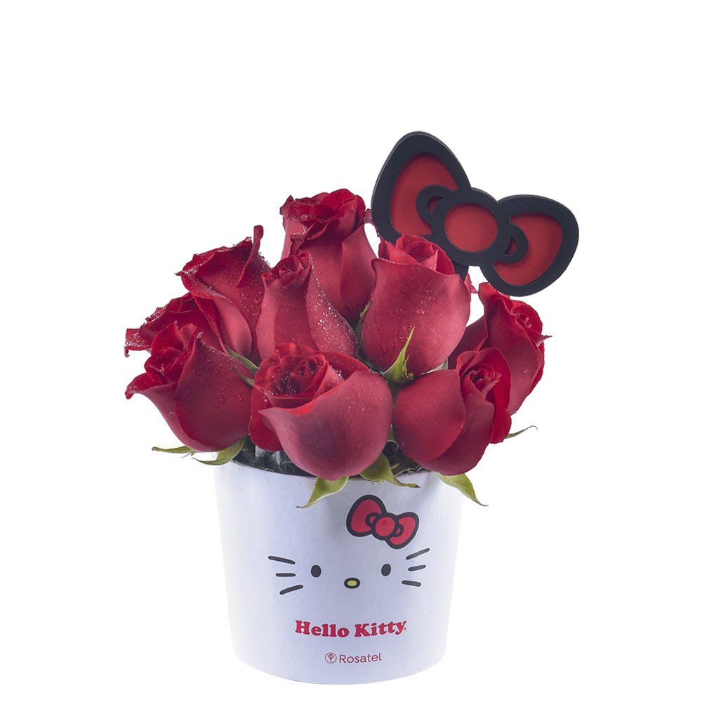 Sombrerera Lazos Hello Kitty con 12 Rosas Rojas y Varilla Lazo Rosatel