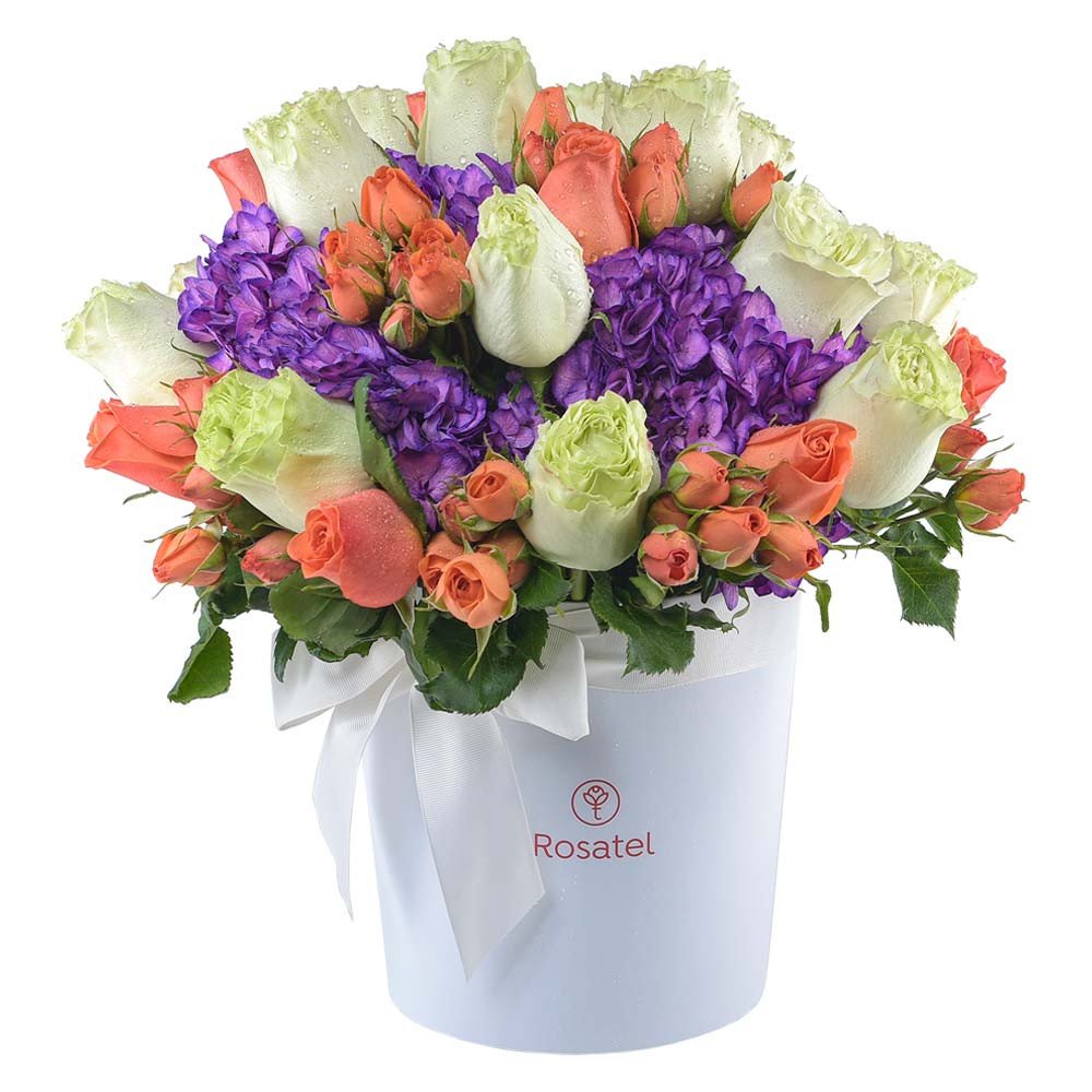 Sombrerera Blanca Grande con 25 Rosas, Mini Rosas y Hortensias Rosatel