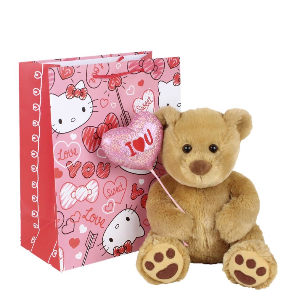 Hugo con globo corazón de tela I Love You en bolsa línea corazones de Hello Kitty Rosatel