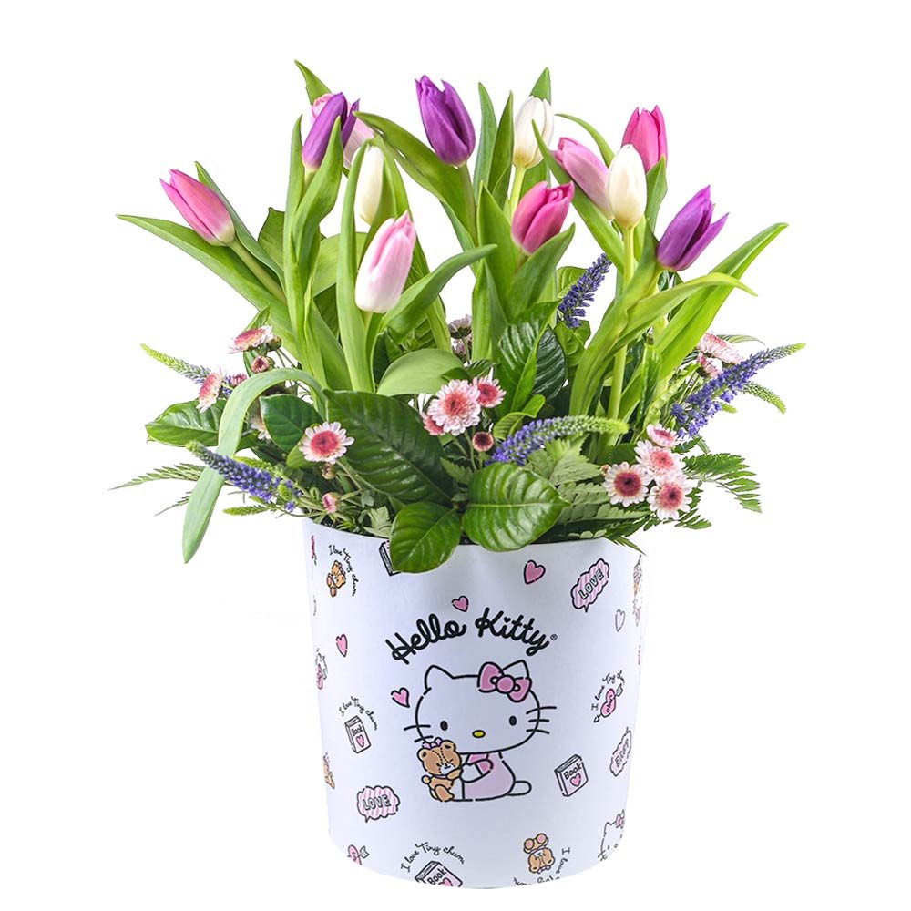 Sombrerera Línea Pequeña Hello Kitty con 12 Tulipanes y Flores Rosatel