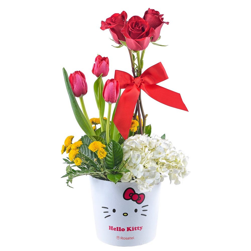 Sombrerera Lazos Hello Kitty con Tulipanes Rosas y Flores Rosatel