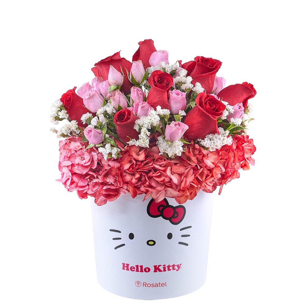 Sombrerera Lazos Hello Kitty con 10 Rosas Mini Rosas y Hortensias Rosatel