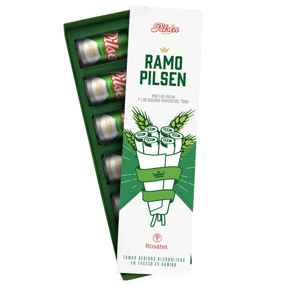 Caja nuevo diseño ramo Pilsen con 6 cervezas Pilsen lata 355 ml Rosatel