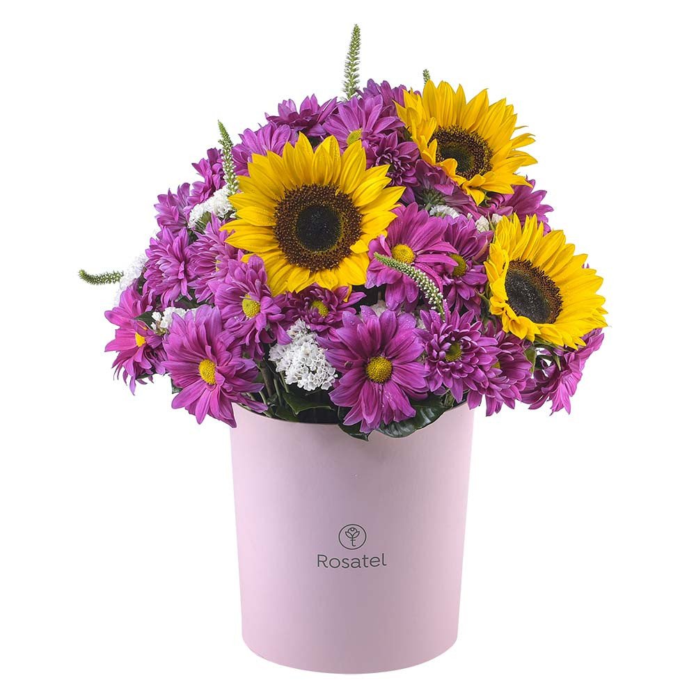 Sombrerera Rosada Grande con Girasoles y Flores Lilas Rosatel