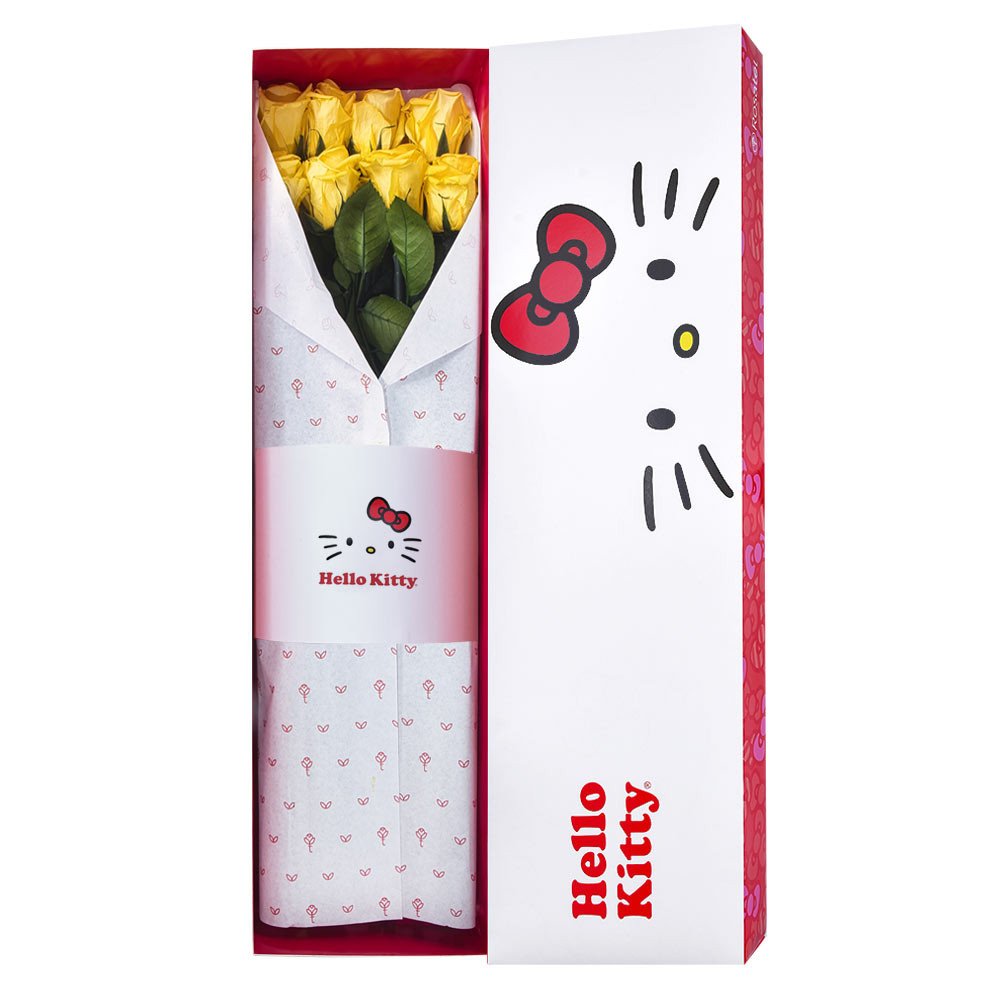 Caja Lazos Hello Kitty con  8 Rosas Preservadas Amarillas Rosatel