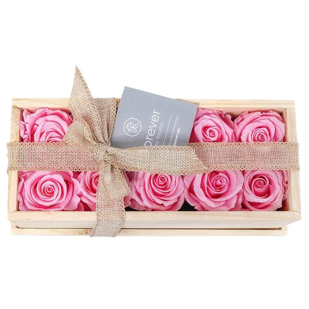 Caja de Madera con 10 Rosas Preservadas Rosadas Rosatel