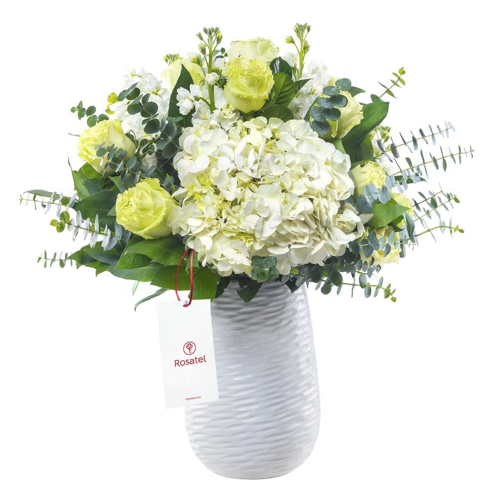 Cerámica Blanca con 12 Rosas Verdes y Hortensia Rosatel
