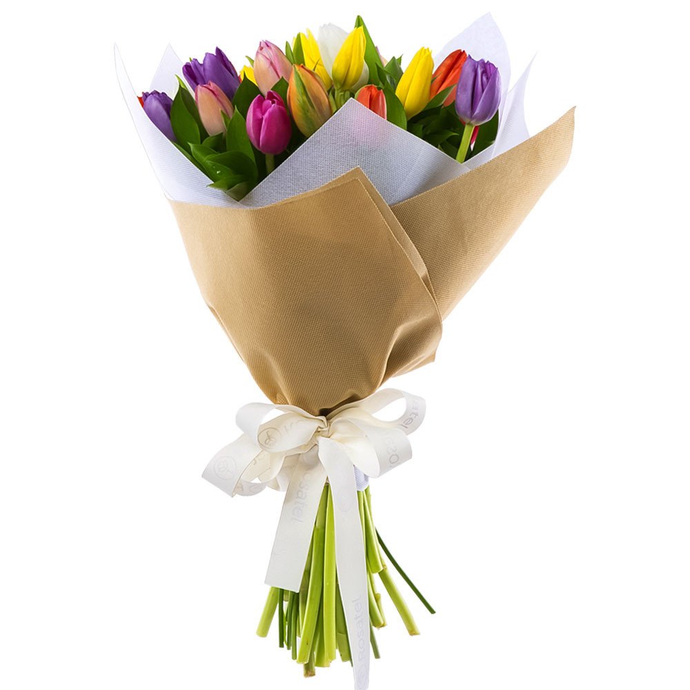 Ramo con 20 tulipanes colores variados en tela Rosatel