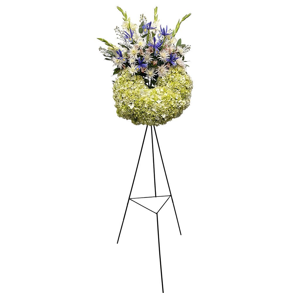 Corona Pequeña con Iris, Hortensias, Eucalipto y Flores Rosatel