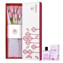 Caja con 9 Tulipanes Rosados y Mil Fleurs Rosa Búlgara Rosatel