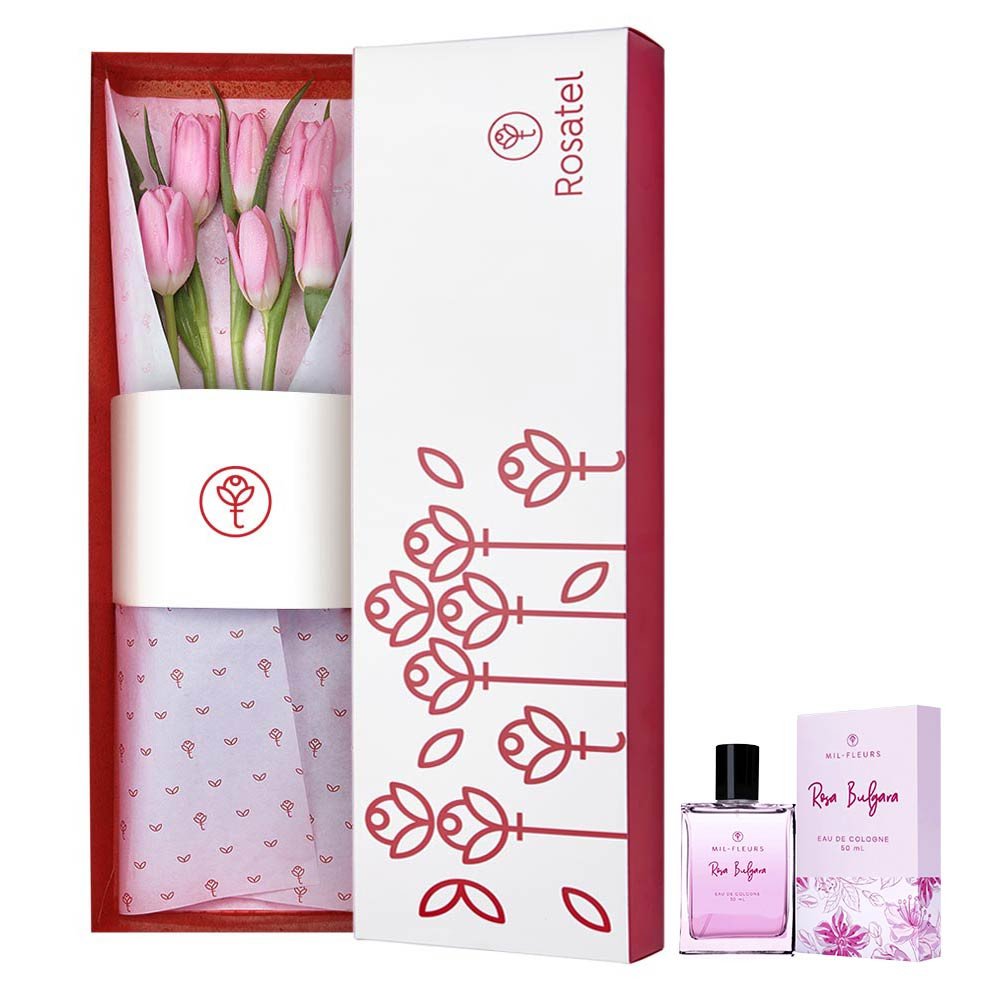 Caja con 9 Tulipanes Rosados y Mil Fleurs Rosa Búlgara Rosatel