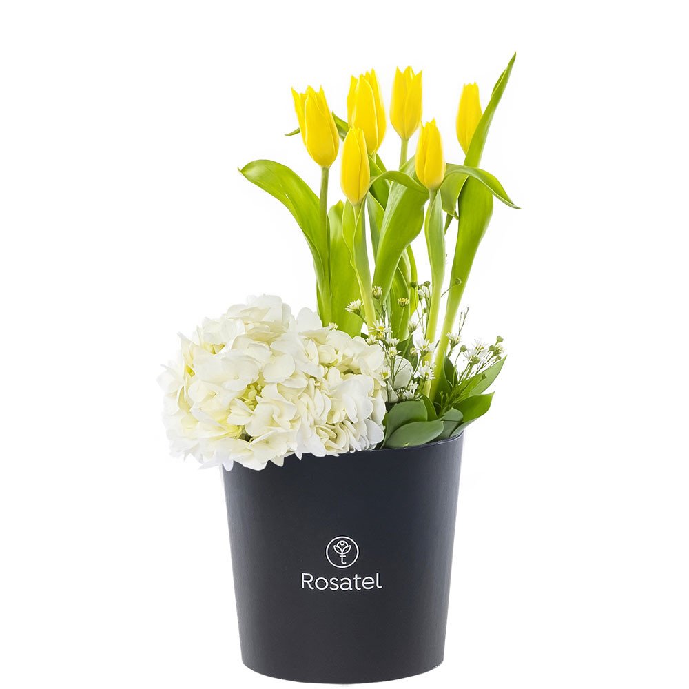 Sombrerera Negra Mediana con 6 Tulipanes Hortensia y Flores Rosatel